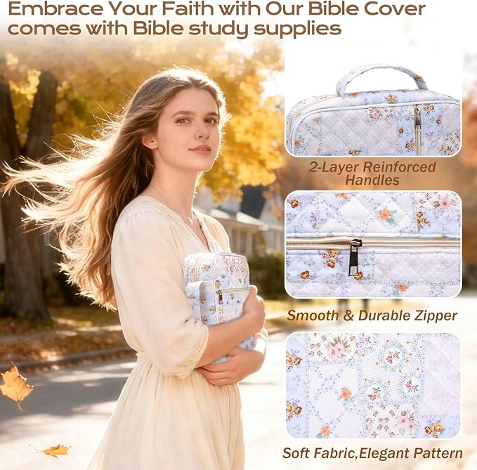XKDOUS Bible Cover Case for Women Large Bible Bag w/Handle, Tabs, Pens, Study Supplies Organizer Journaling Kit Quilted Book Carrying Case Christian Gifts for Mom, Lady, Friends