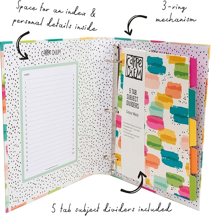 Pukka Pad, Carpe Diem Preloaded Rollbound Ringbinder – 12.4 x 10.8in – Includes Index, Personal Details, Planner Pages – Comes Preloaded with 5-Part Dividers – Standard 3-Ring Mechanism - Colorwash