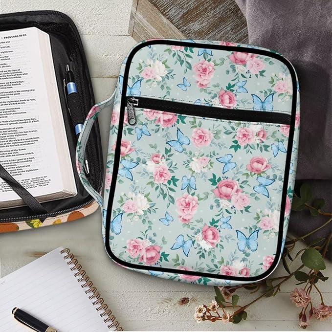 Coldinair Pink Rose Print Bible Covers for Women Blue Butterfly Carrying Book Case Church Bag Bible Protective with Bookmark with Zippered Pocket Church Bag Bible Protective Handbag