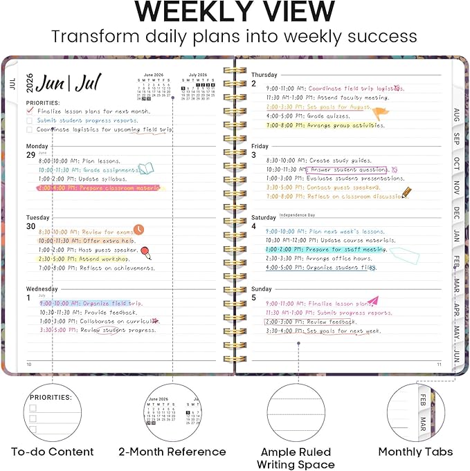 Academic Planner 2026-2027, Weekly and Monthly Calendar Book, July 2026 – June 2027, Hardcover Planner with Tabs, Perfect for Teachers, Students, Women & Men, A4 (8.5" x 11") - Lavendar Floral