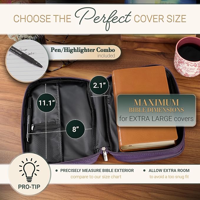 Christian Art Gifts Inspirational Vegan Leather Two-fold Organizer Bible Cover for Women, Jesus Fish Badge, Sturdy Carry Handle, Pen Loops, Pockets, Pen/Highlighter Combo & Notepad, Purple, XL
