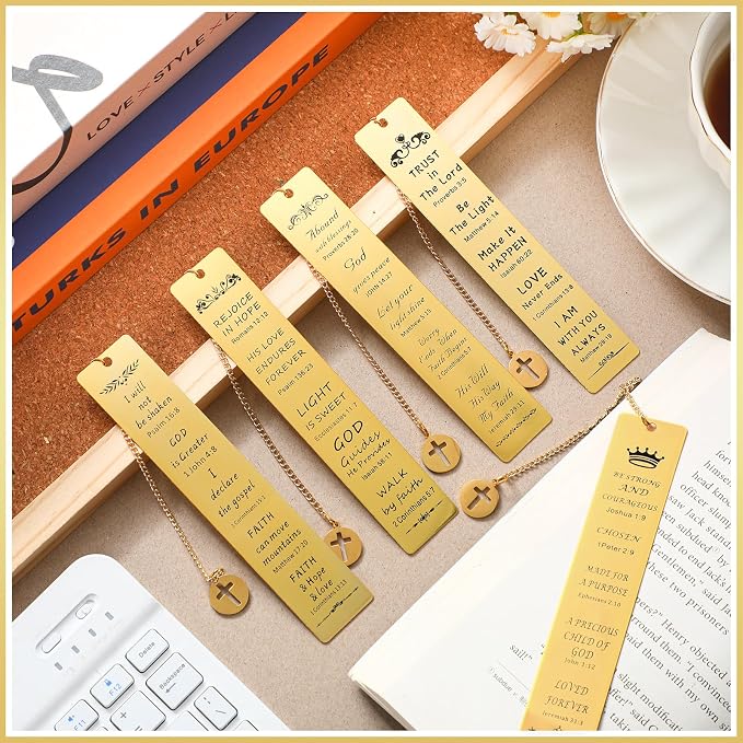 Fainne 5 Pcs Bible Verse Metal Bookmark Christian Gifts for Women Men Baptism Inspirational Religious Bookmarks with Church Cross Chain Scripture for First Communion Book Lovers Christian Gift(Gold)
