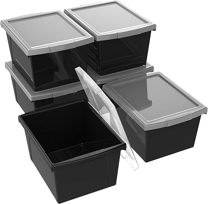 Storex 4 Gallon Storage Bin with Lid – Plastic Classroom Organizer for Books and Supplies, Black, 6-Pack (61427C06C)