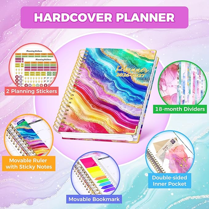 Planner 2026-2027, 18 Month Weekly and Monthly Planner, Jan. 2026 - Jun. 2027, 9" x 11.6" A4 Large Hardcover Calendar Planner with Page Tabs, Separator Page, Inner Pocket, Bookmark, Stickers, Sticky Note Set