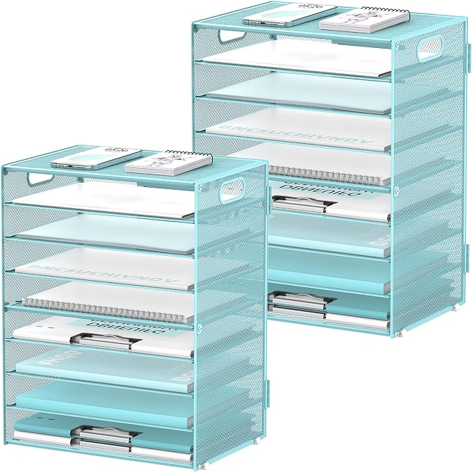 DALTACK 9-Tier Paper Organizer for Desk, Mesh Letter Tray Desk Organizer with Handles, Space-Saving File Organizer for Office Home School, Blue 2 Pack