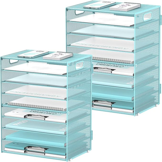 DALTACK 9-Tier Paper Organizer for Desk, Mesh Letter Tray Desk Organizer with Handles, Space-Saving File Organizer for Office Home School, Blue 2 Pack