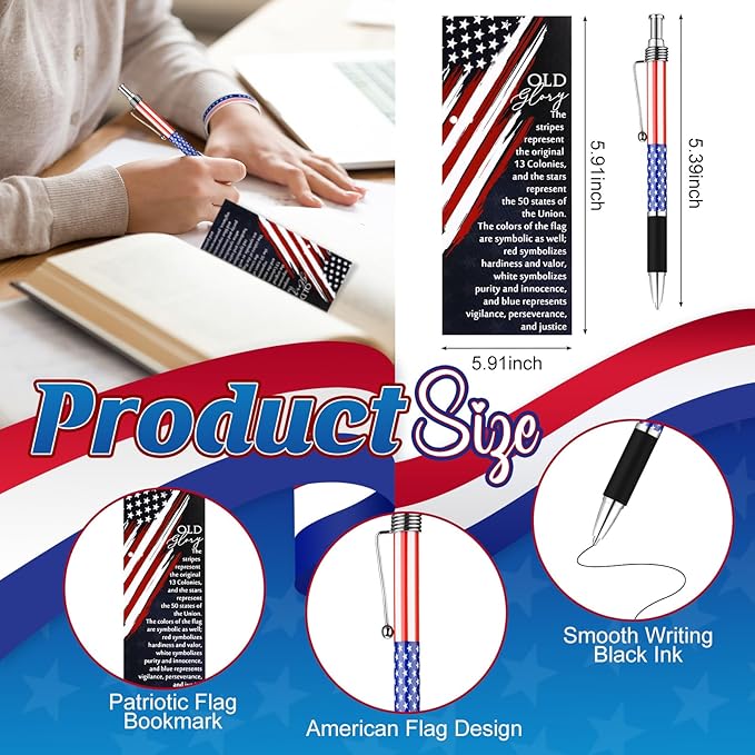 Sayglossy 20 Sets/60 Pcs 4th of July Party Favors 250th Anniversary Flag Ballpoint Pens Silicone Wristband Bookmarks Patriotic Souvenir for 1776-2026 Commemorative Memorial Veteran Independence
