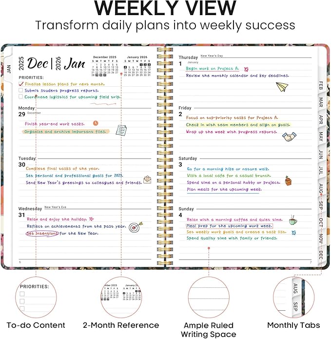 2026 Planner, Weekly and Monthly Calendar Planner Book, January 2026 - December 2026, Hardcover Spiral Planner with Monthly Tabs, Notes Pages, Perfect for Women & Men, A4 (8.5" x 11") - Flower