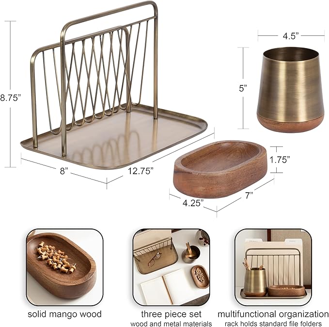 Kate and Laurel Koni Modern Three-Piece Home Office Organization Set; 13 x 8 x 9; Walnut Brown and Antique Brass; Wood and Metal Organizational Set for Office with File Folder Holder