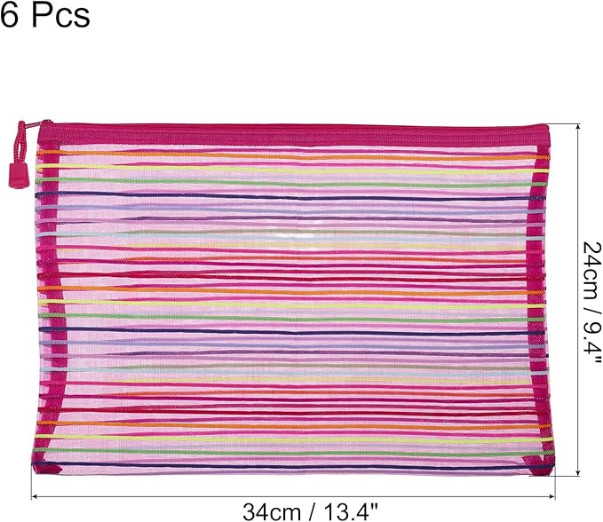 MECCANIXITY Mesh Zipper Pouches, A4 Colorful Pencil Case Document File Bags Storage Organizer for Office Supply Travel Accessory, Rose Red Pack of 6