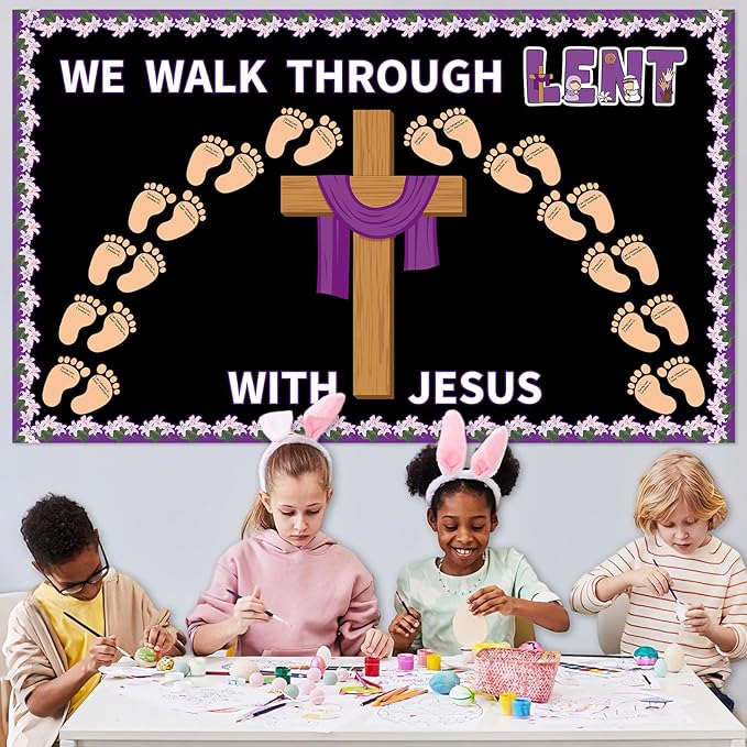 Easter Religious Bulletin Board for Lent Easter Cross Bulletin Board Decoration Set Religious Christian Cross Footsteps Paper Cutouts for Church Home Classroom School Nursery Chalkboard Decor