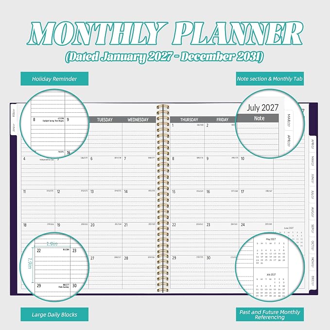2027-2031 Monthly Planner 5 Year Monthly Planner/Calendar 2027-2031, Jan 2027 – Dec 2031, 9" x 11", Tabs, Double-Side Pocket, Holidays, Thick Paper - Purple
