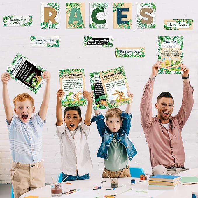 Outus 36 Pcs RACES Writing Strategy Bulletin Board Set, Alphabet Cutout Poster Sentence Starters Cards for Elementary School Classroom, Writing Display Wall Decoration Teacher Supply(Greenery)