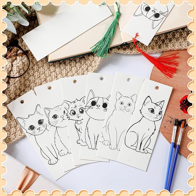 Sinmoe 120 Pcs Color Your Own Bookmarks 6 Styles Watercolor Bookmarks to Paint Card Stock Paper Watercolor Colorful Tassels Craft DIY for Classroom Projects Gifts Tags 5.9 x 2 Inch(Cat)