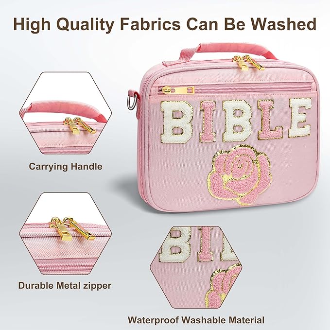Bible Cover for Women, Bible Holder, Bible Cover Carrier Carrying Organizer Bag, Bible Study Supplies Accessories, Zipper and Pockets for Standard Size Bible, Gift for Women（pinkxiu）