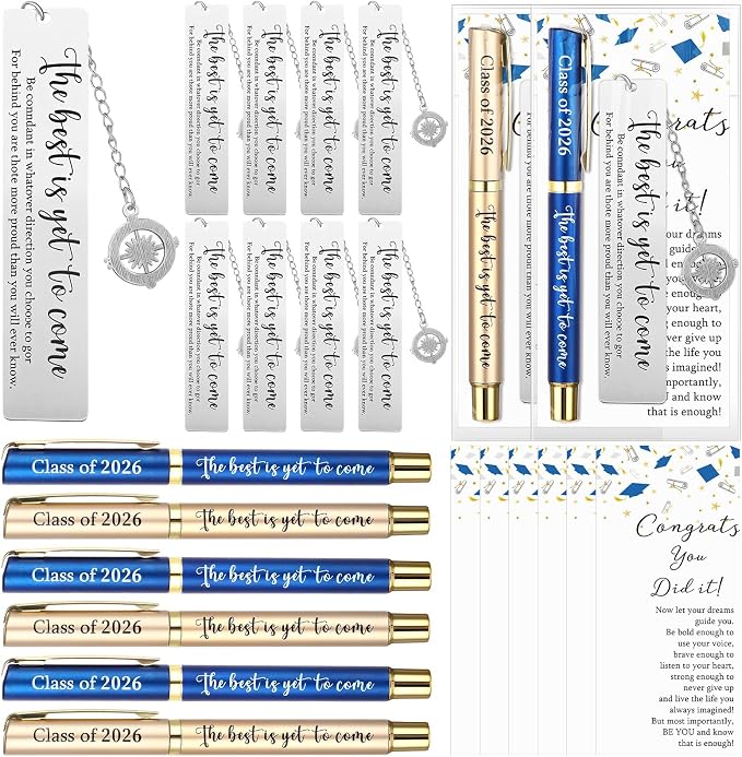 Affrolling 12 Sets Class of 2026 Graduation Gifts Bulk – Graduation Pens, Compass Bookmarks, Cards & Clear Gift Bags, Inspirational Party Favors for Students & Teachers(Blue,Gold)