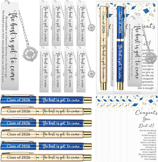 Affrolling 12 Sets Class of 2026 Graduation Gifts Bulk – Graduation Pens, Compass Bookmarks, Cards & Clear Gift Bags, Inspirational Party Favors for Students & Teachers(Blue,Gold)