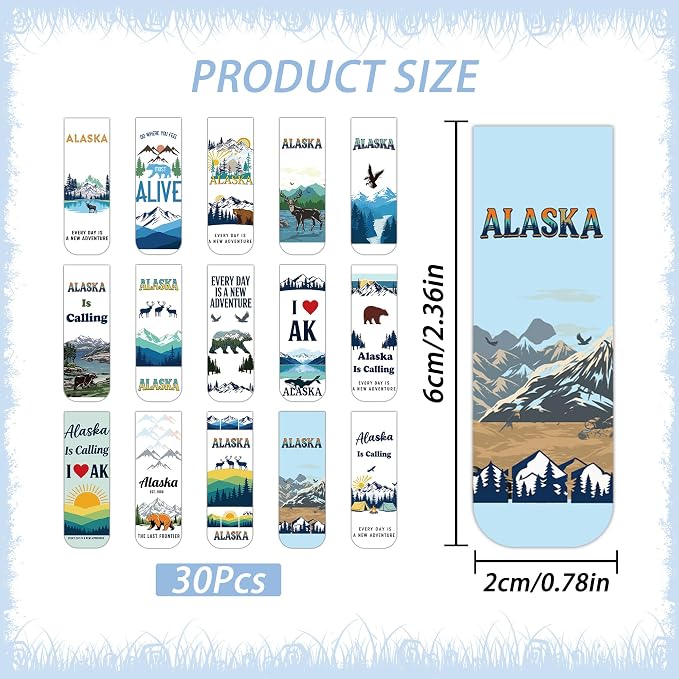 Alaska Souvenirs Magnetic Bookmarks, 30PCS Alaska Gifts Book Mark Clips with 15 Designs, Travel Souvenirs Gifts for Men Women Travelers Readers Office School Supplies