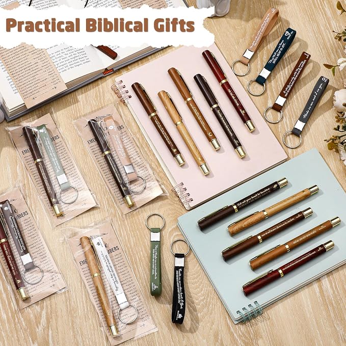 Feifeiya 25 Sets Father's Day Christian Church Gifts Bulk Bible Verse Plastic Gel Pen Religious Silicone Keychains Scripture Bookmarks for Men Women Empowerment Sunday Study Group Gifts(Wood Color)