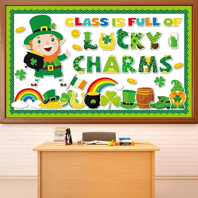 St. Patrick's Day Bulletin Board Set Lucky Shamrock Classroom Decoration Leprechaun Gold Coin Jar Bulletin Board Luck Shamrock Irish Clover Paper Cutouts for School Classroom Chalkboard Wall Decor