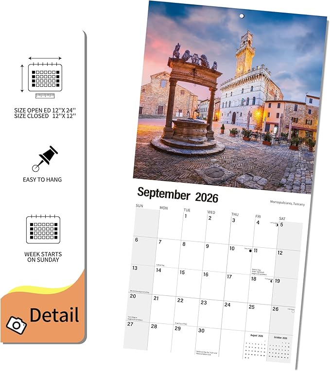 2026 Wall Calendar Planner Calendar - Italy Hangable Monthly Wall Calendar with Large Blocks for Organizing & Planning, Academic Schedule, Home, Office & family, Thick & Sturdy Paper (12"x24" Open)