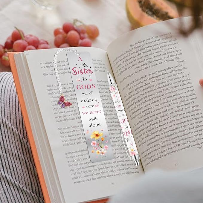 Sisters Gifts from Sister, Cute Pink Bookmark and Pen Gift Set, Floral Metal Book Mark with Butterfly Charm, Christian Gifts for Women Girls, Birthday Valentine Christmas Stocking Stuffer