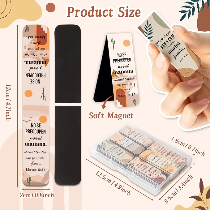 Haooryx Bible Verse Magnetic Bookmarks - 48pcs Boho Spanish Scripture Verse Inspirational Christian Religious Magnetic Clip Bookmarks Motivational Book Marker Church Activity Party Favor Page Markers