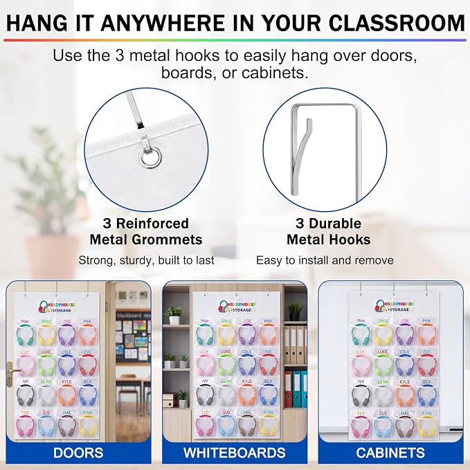 AmazingSpark 2 Pcs Classroom Headphone Storage 32 Pockets Thickened Non-woven Fabric Mesh Pocket Chart Over The Door Hanging Cell Phone Organizer with Signed Card for Back to School Classroom Library