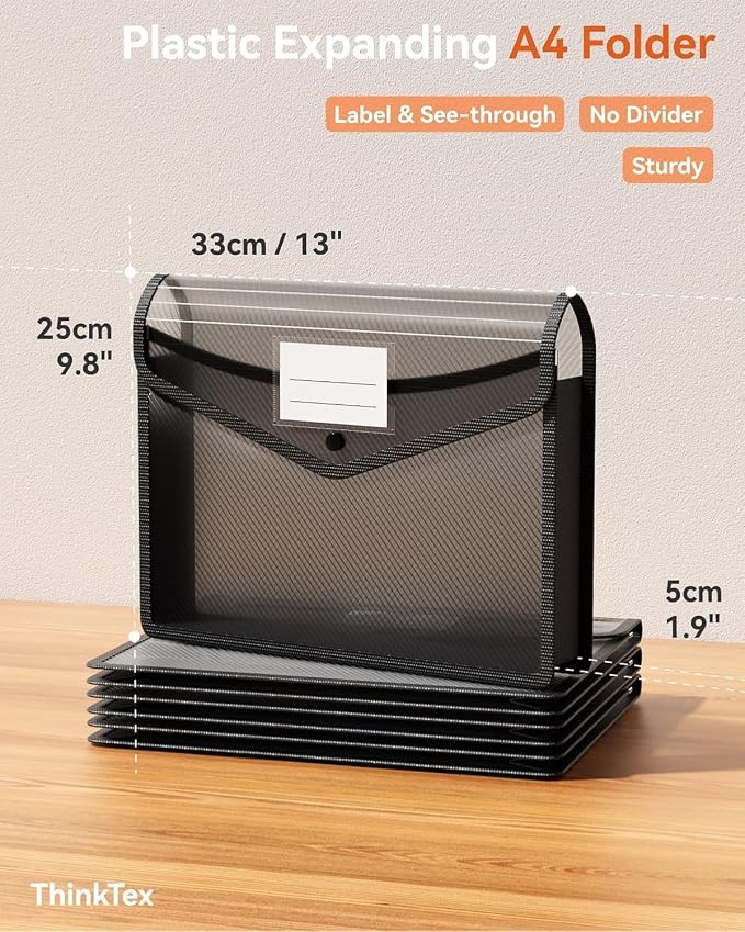 ThinkTex Plastic Expanding File Folder, Transparent envelopes with Snap Closure,No Dividers,Large Capacity,Document Organizer for Receipts, Bills&Taxes,Letter/A4 Size for School/Office/Home-10 Pack