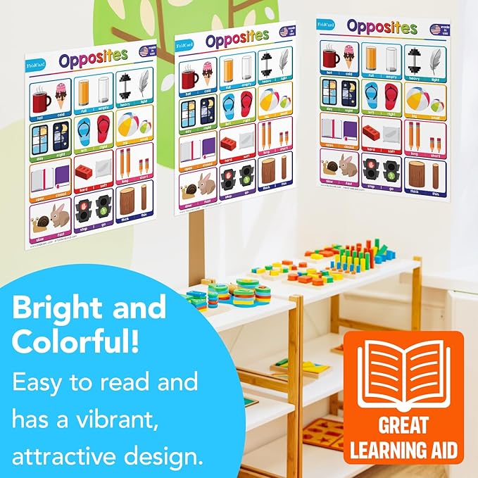 Opposites Chart for Preschool to Grade 1 Kids – Bright and Colorful Educational Visual/Learning Aid Poster Decoration for Classroom or Home | Glossy Durable Cardstock | 8.5" x 11" | 5 per Pack