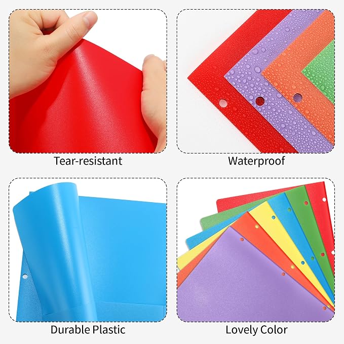 Plastic Folders with Pockets 3 Hole Punched, Pocket Folders for 3 Ring Binder, 6 Pack Colored File Folder for School, Office, Documents, Filing Cabinet, 2 Pocket Blinder Folder with Holes