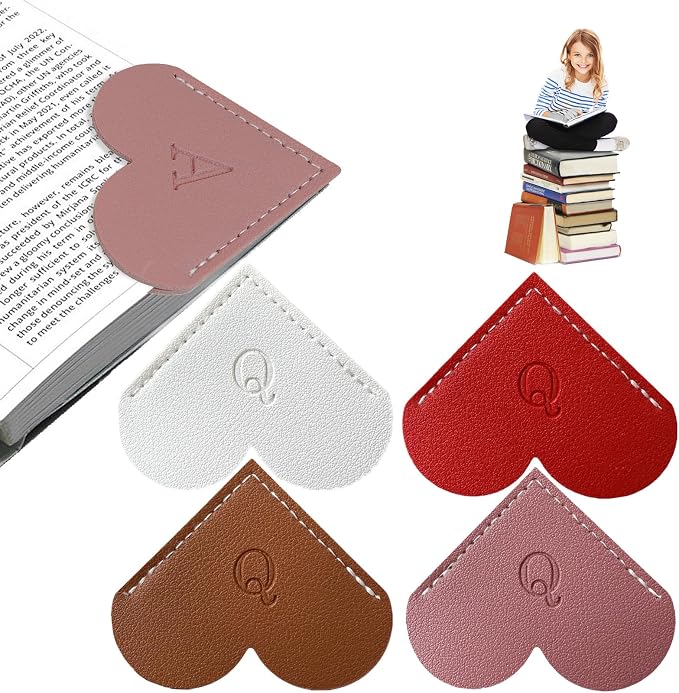 4Pcs Personalized Leather Heart Bookmark with Initial, 26 Letters Custom Corner Page Book Mark for Reading Women, Book Lovers, Teachers, Students, Book Accessories(White+Red+Dark Pink+Dark Brown, Q)