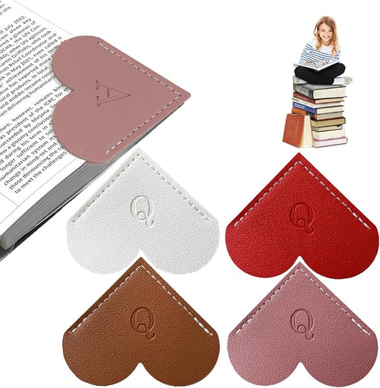 4Pcs Personalized Leather Heart Bookmark with Initial, 26 Letters Custom Corner Page Book Mark for Reading Women, Book Lovers, Teachers, Students, Book Accessories(White+Red+Dark Pink+Dark Brown, Q)
