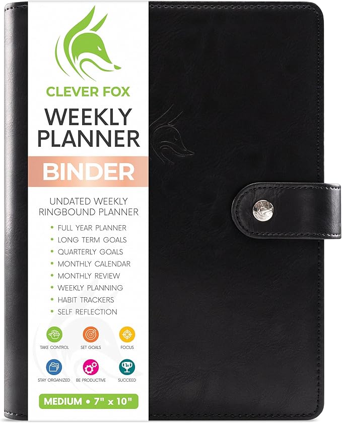 Clever Fox Weekly Planner Binder – Goal Setting Planner for Time Management & Weekly Tasks – Work & Life Organizer with To Do List & Habit Tracker – Undated, 7″ x 9″ Hardcover (Black)