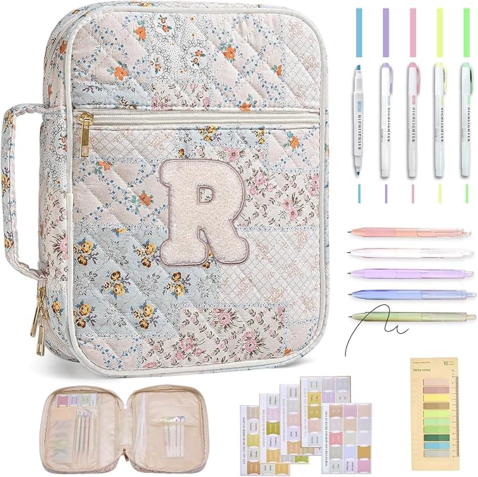 Personalized Initial Bible Cover Case for Women – Large Quilted Bible Bag with Handle, Chenille Letter, Bible Study Kit, Christian Gift for Mom, Grandma & Daughter (Patchwork Floral-R)