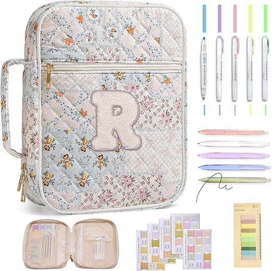 Personalized Initial Bible Cover Case for Women – Large Quilted Bible Bag with Handle, Chenille Letter, Bible Study Kit, Christian Gift for Mom, Grandma & Daughter (Patchwork Floral-R)