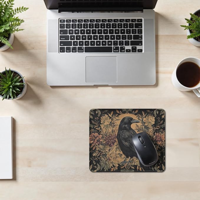 Moody Vintage Floral Raven Mouse Pad, William Morris Inspired Gothic Dark Cottagecore Flower Crow Mouse Pad for Home Office Computer Gaming Desk Essentials, 9.5x7.9 Inch