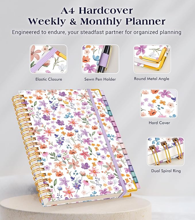 Academic Planner 2026-2027, 18 Months Weekly and Monthly Hardcover Planner, July 2026 - December 2027, 8.5" x 11" A4 Large Daily Calendar Planner Book with Tabs, Spiral College School Agenda Organizer for Student Teacher, Floral Purple