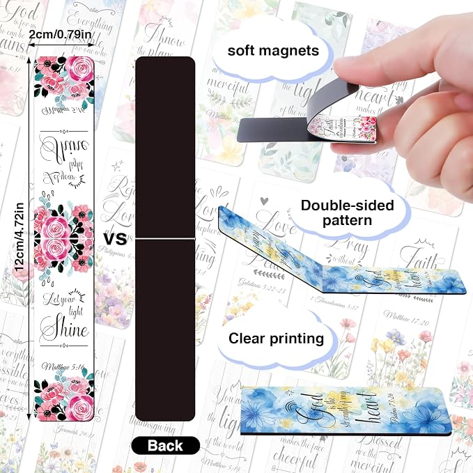 Wxiben Bible Verse Magnetic Bookmark - 48Pcs Floral Inspirational Magnetic Bookmark Christian Scripture Book Mark Magnets Motivational Flower Page Marker Clip for Women Students Teacher School Gifts