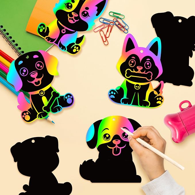 CY2SIDE Puppy Animal Color Scratch Bookmarks, DIY Dog Scratch Card for Birthday Party Decors, Puppy Dog Pet Magic Art Rainbow Color Paper Cards for Birthday Party Supplies