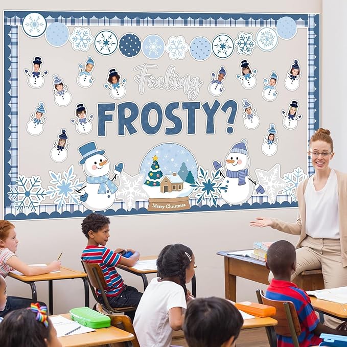 Justforjoyful Winter Bulletin Board Decoration Winter Snowman Cutouts DIY Photo Crafts Christmas Snowflake Cutouts Bulletin Board Set for Holiday Xmas Chalkboard Wall Classroom Decor School Supplies