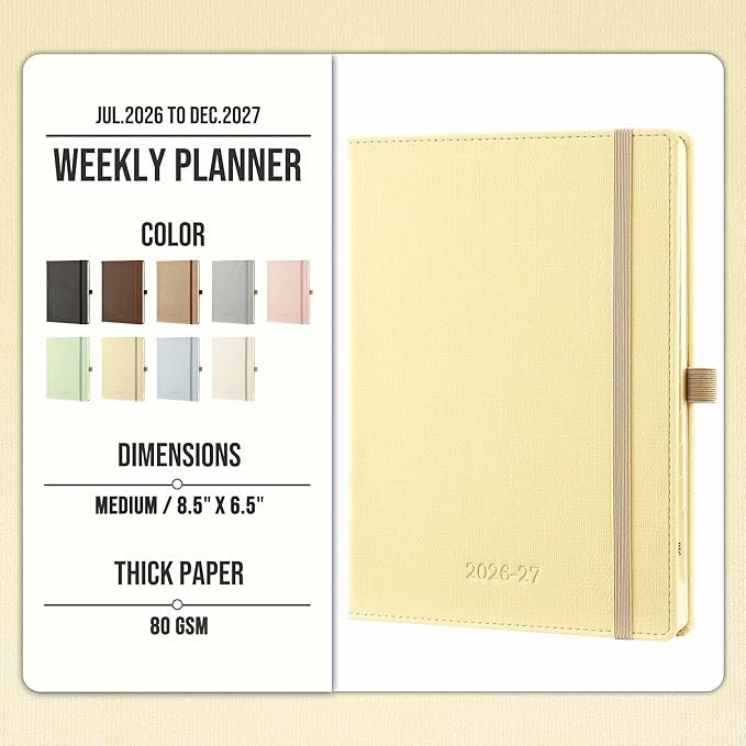 Planner 2026-2027 Weekly & Monthly Planner, 18 Month Academic Calendar July 2026 – Dec 2027, Horizontal Layout with Monthly Tabs, Textured Fabric Hardcover, Yellow