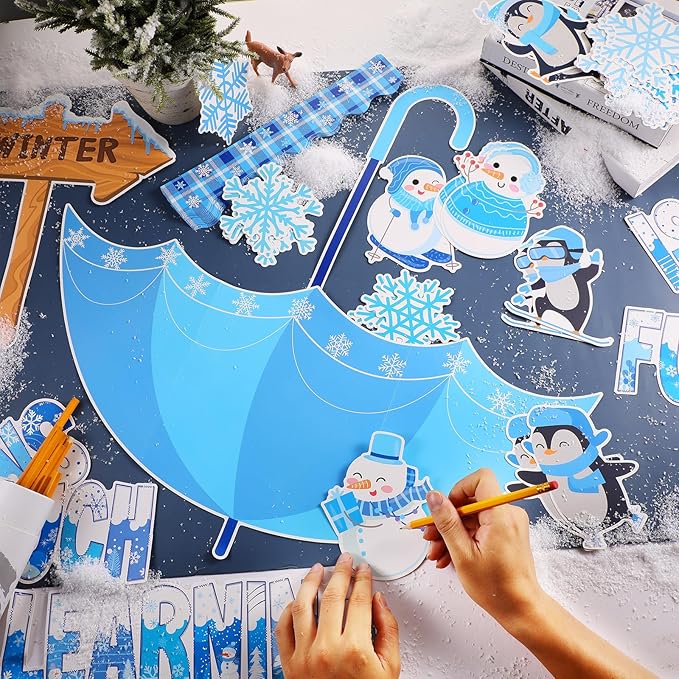TaoBary 83 Pcs Winter Snowflake Bulletin Board Set Snowflake Penguin Snowman Umbrella Cutouts Learning is Snow Much Fun Bulletin Board Decorations for School Home Chalkboard Wall Decor
