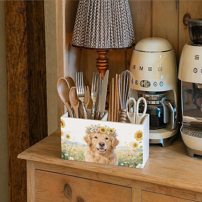 Golden Retriever Dog Floral Pen Pencil Holder for Desk, Golden Retriever Gifts for Women, Dog Mom Lover Gifts Pencil Holders Wooden Box Organizer for Home Office Bedroom Desk Tabletop
