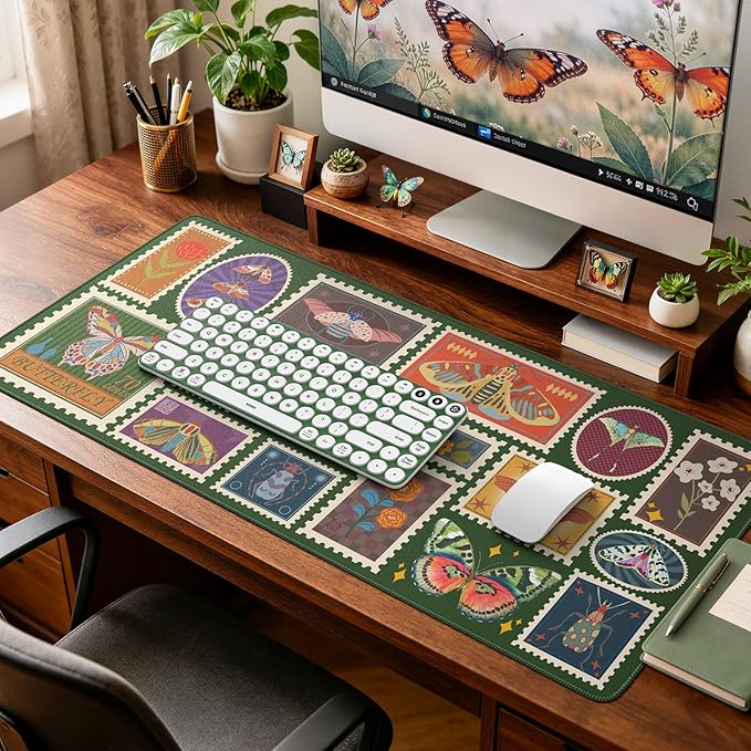 iCasso Vintage Desk Cover Mat, XXL Large Butterfly Mouse Pad,Desk Matt for Desktop Protector, Anti-Slip Mousepad with Stitched Edges for Laptop Computer Keyboard(Olive Green)