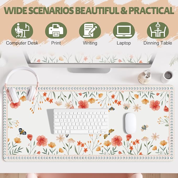Desk Pad for Keyboard and Mouse, Large Mouse Pad for Desk, Non-Slip Keyboard Mat, Computer Mats for Desk, Cute Desk Pad with Stitched Edges for Office, Gaming I Apricot Butterflies Flowers