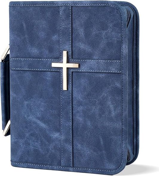 Vegan Leather Bible Cover Case, Bible Bag with Phone Pocket, Bible Case for Men Women, Christian Gift Box Packaging (Indigo)