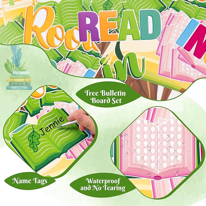 CY2SIDE Reading Tree Bulletin Board - 55PCS Rooted in Reading Tree Cutout for Bulletin Border Sets Books Name Tags Leaves Cutout Trim Border Kit Back to School Chalkboard Wall Decoration Supplies