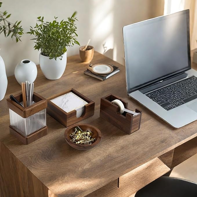 MultiBey 4pcs Walnut Office Supplies Desk Organizers, Wood Sticky Notes Holder Tape Dispenser Cutter Wooden Pencil Cup and Paper Clip Holder for Office Home School