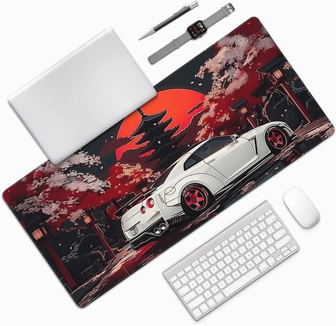 Large Car Mouse Pad 35.4 x 15.7 Inch, Extended Japanese Night Scene Desk Mat, Non-Slip Rubber Base, Washable Surface, Perfect for Gaming, Work & Aesthetic Desk Setup